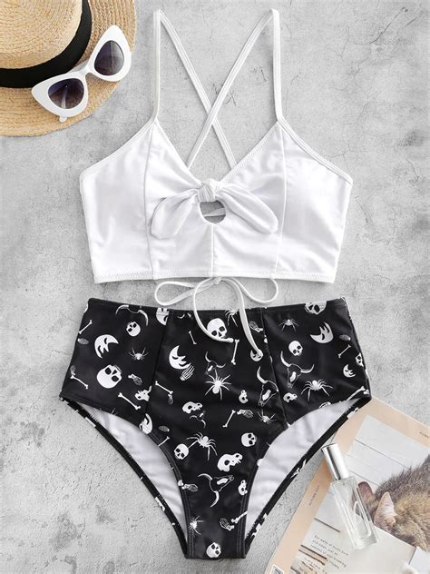 Sexy Front Bow Bikini Set 2022 Mujer Women Cut Out Push Up Skull Print