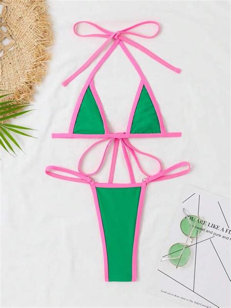 Shein Swim Hotgoth Contrast Binding Triangle Thong Bikini Swimsuit