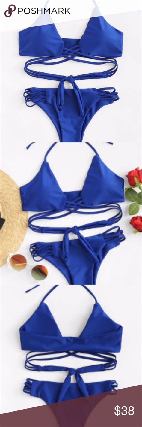 Criss Cross Bikini Set New Royal Blue Padded Bra Pictures With