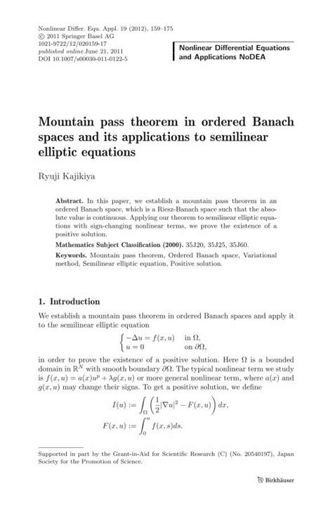 PDF Mountain Pass Theorem In Ordered Banach Spaces And Its