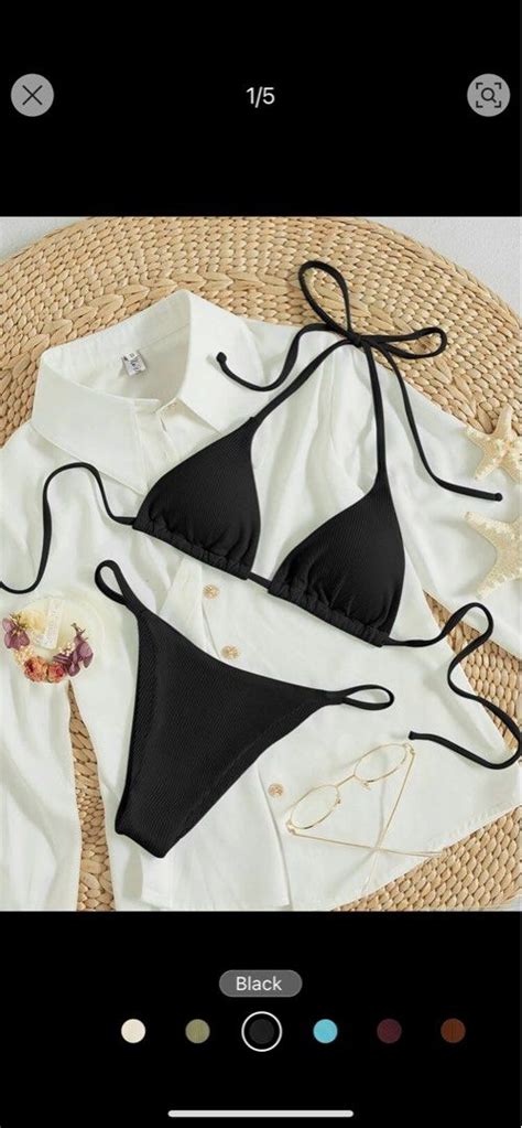 Summer Beach Ribbed Bikini Set Tie Back Halter Triangle Bra Thong Piece Bathing Suit Women