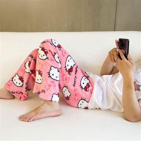 Cute Sanrio Cartoon Pajamas Anime Hello Kitty Pants Multicolour Flannel