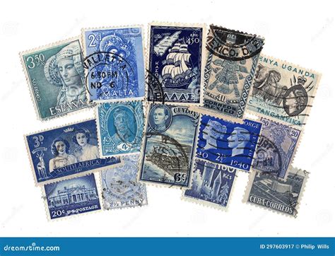 Blue Vintage Postage Stamps From Around The World Stock Illustration