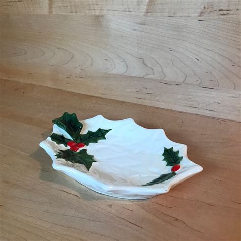 Vintage Christmas Candy Dish Midcentury Holly Leaf Ceramic Treat Server