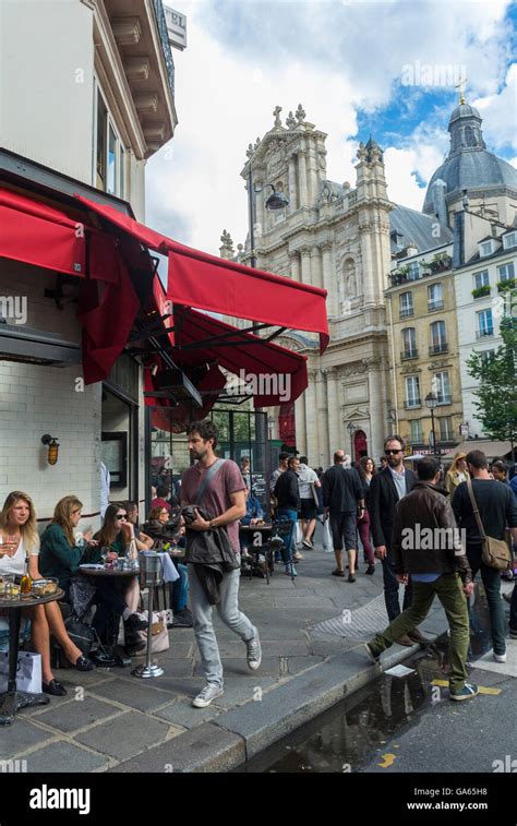 Paris France Busy Street Scenes In The Marais District Crowd Of