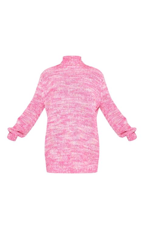 Pink Marl Chunky Knit Roll Neck Sweater Dress Knitwear Prettylittlething Usa