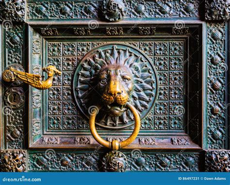 Lions Head Door Knocker At The Cathedral In Cologne Koln Germany Stock