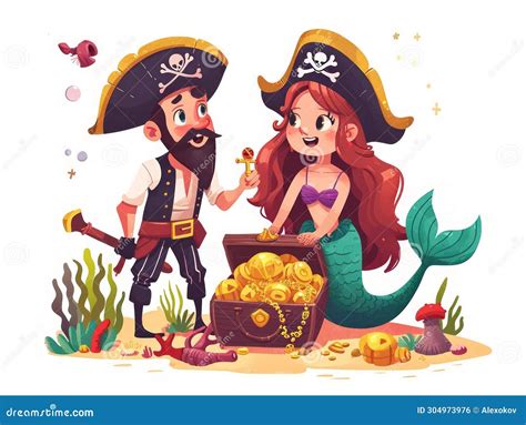 Cartoon Style Mermaid And Pirate Discover Treasure Chest At Sea Bottom Ai Generated Stock