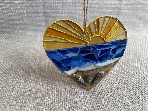 Beach Mosaic Heart Sunrise Ornament Stained Glass Mosaic Beach Ornament Sunset Mosaic Ornament