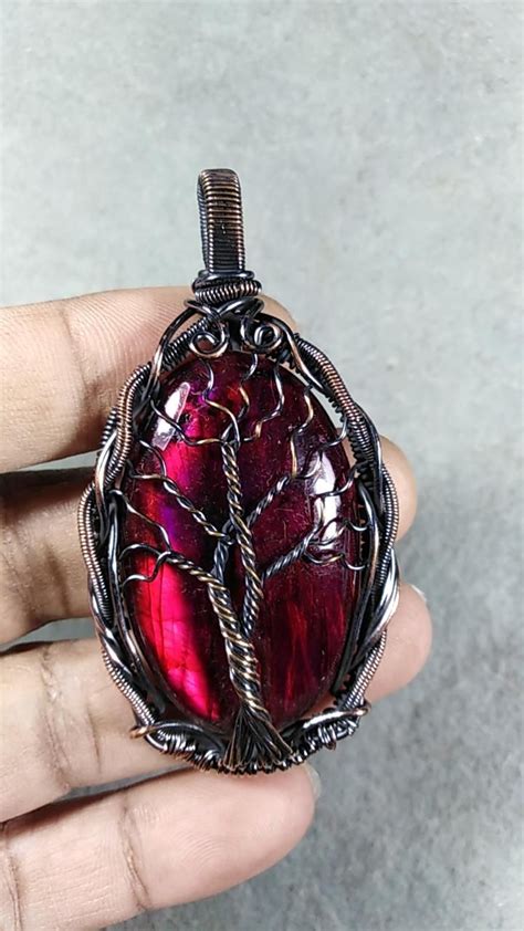 Pink Flash Labradorite Gemstone Pendant Copper Wire Wrapped Handmade