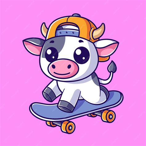 Premium Vector Cute Cow Playing Skateboard And Wearing A Yellow Hat