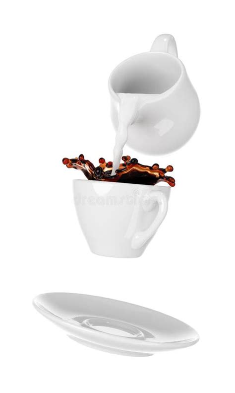 Milk Being Poured Into Small Cup Of Coffee Isolated White Background