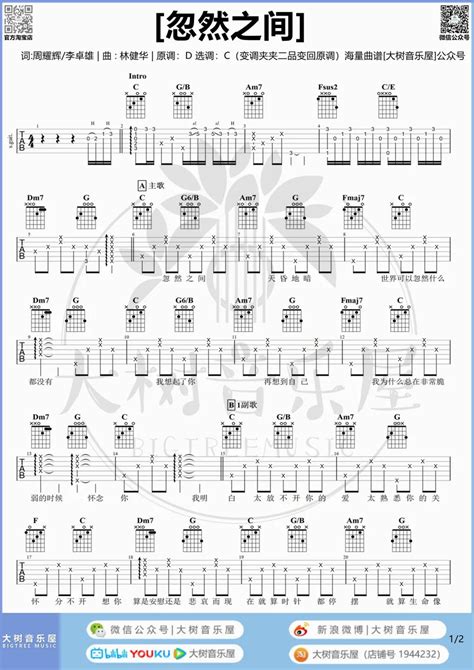 忽然之间吉他谱莫文蔚c调六线谱和弦谱吉他弹唱教学 酷琴谱