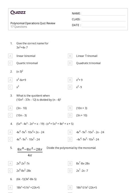 50 Polynomial Operations Worksheets On Quizizz Free And Printable