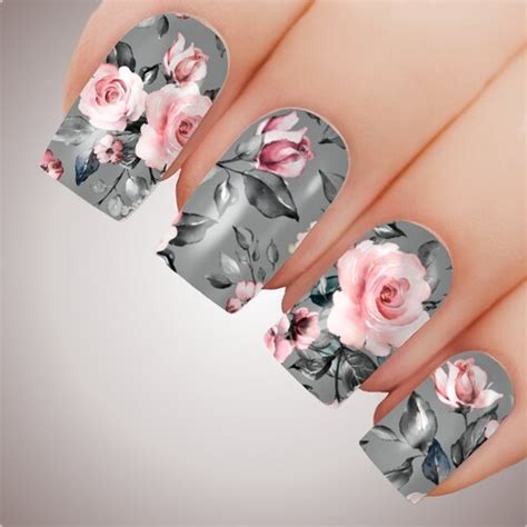 Pink Grey Floral Rose Nail Water Decal Etsy