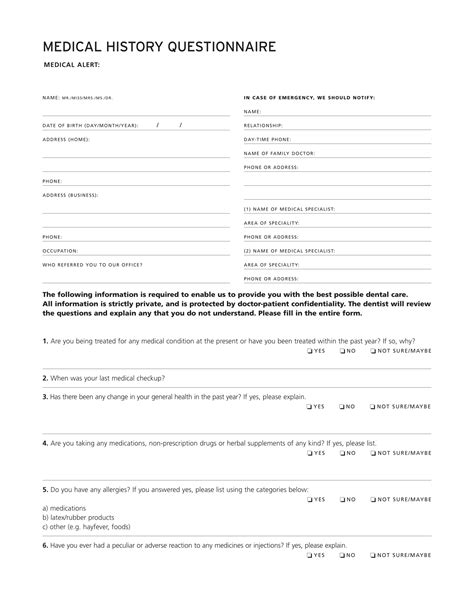 Medical History Questionnaire Template