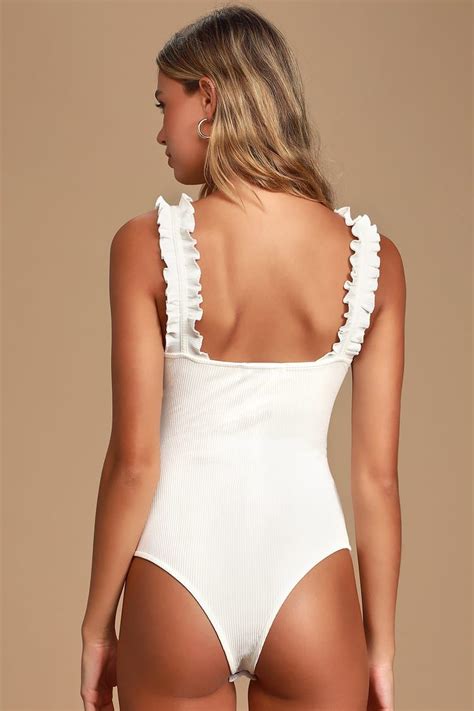 Easy Peasy White Ribbed Ruffled Bodysuit Knit Bodysuit Ribbed Knit