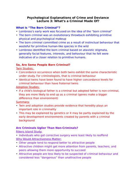 Crim 105 Lecture 3 Lecture Notes 3 Psychological Explanations Of