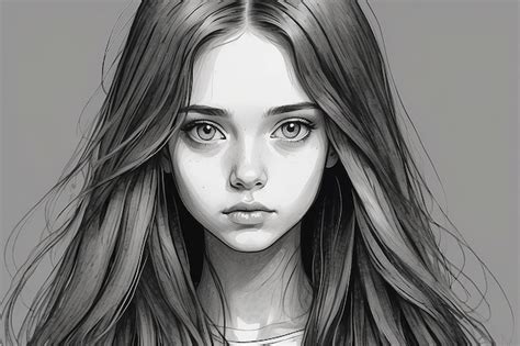 Un Dibujo De Una Chica Con El Cabello Largo Y Una Mirada Triste