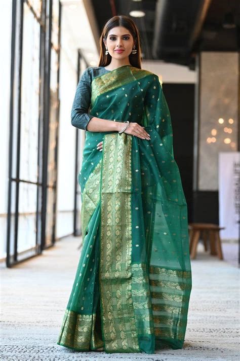 Buy Dark Green Shade Katan Silk Chanderi Saree Online Beatitude