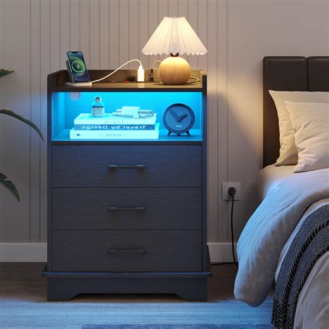 Tall Night Stands With Drawers And Open Storage LED Nightstand With