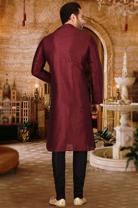 Dark Maroon Dupion Silk Men S Churidar Kurta MKPA02628