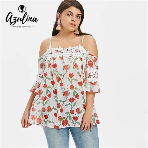 Azulina Plus Size Tiny Floral Cold Shoulder Blouse Women Blouses Summer