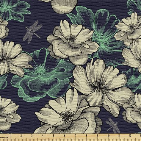 Ambesonne Vintage Fabric By The Yard Upholstery Blossoms Dragonflies