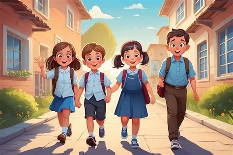 Crianças bonitas voltando para casa da escola Ilustração vetorial