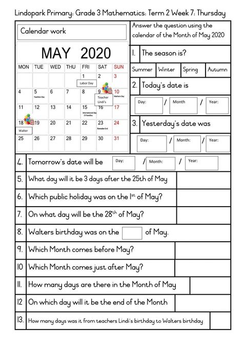 Day Weeks Months Measuring And Time Worksheets For Year