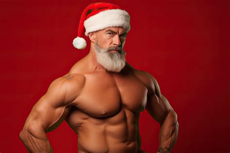 Premium Photo Muscular Body Builder Father Santa Claus On Red