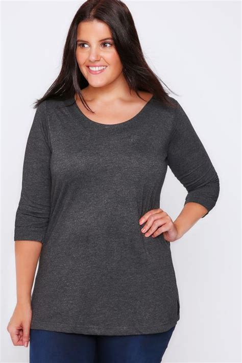 Dark Grey Band Scoop Neckline T Shirt With 3 4 Sleeves Plus Size 16 To 32