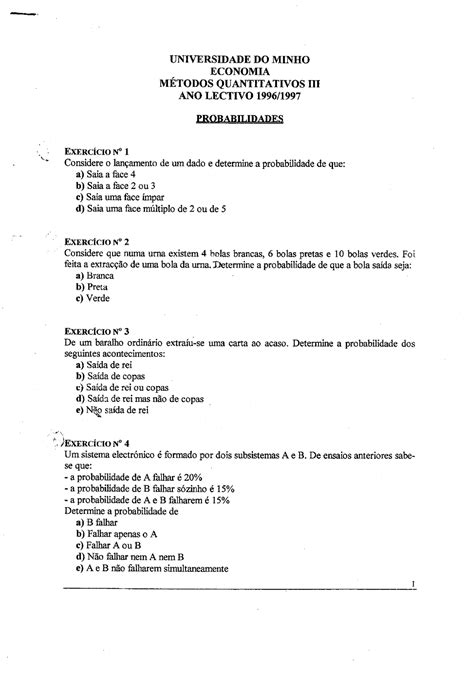 Caderno Exerc Cios Probabilidades Instrumentos De Apoio Economia E