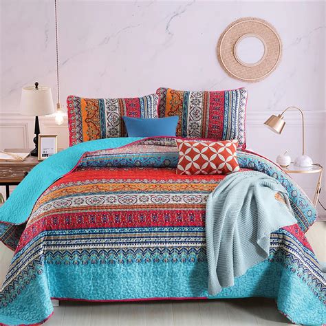 Wongs Bedding Bohemian Quilt Set Queen Size Boho Striped Pattern