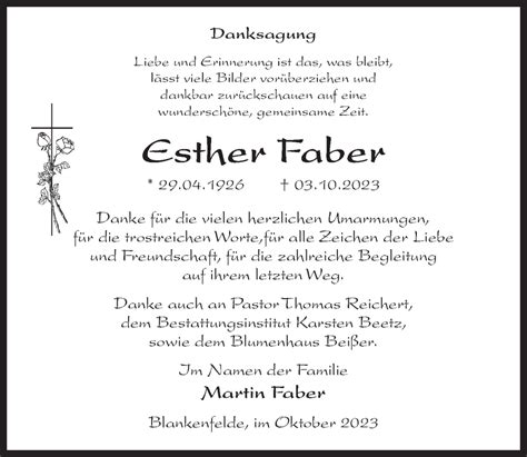 Traueranzeigen Von Esther Faber Trauer Anzeigen De