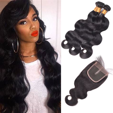 Indian Body Wave Hair 4 Bundles With Virgin Human Hair Lace Closure