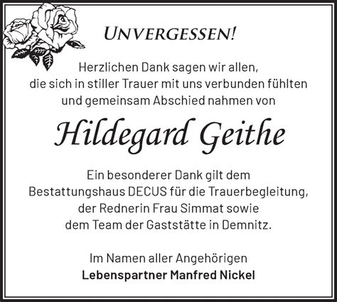 Traueranzeigen von Hildegard Geithe Märkische Onlinezeitung Trauerportal