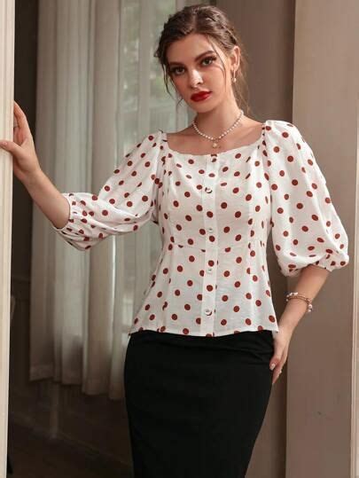 Polka Dot Button Front Puff Sleeve Scoop Neck Blouse Women Blouses