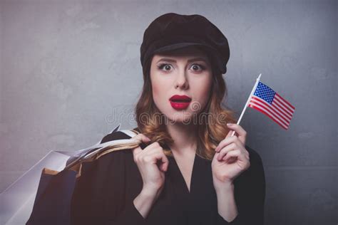 Girl with Shopping Bags and Flag of USA Stock Photo - Image of ...