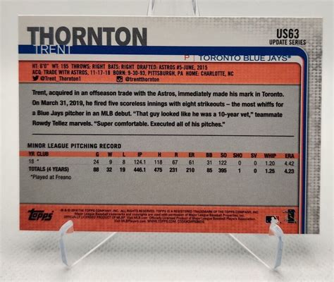 Trent Thornton 2019 Topps Update Baseball US63 Toronto Blue Jays RC