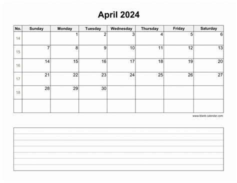 Download April 2024 Blank Calendar With Space For Notes Horizontal