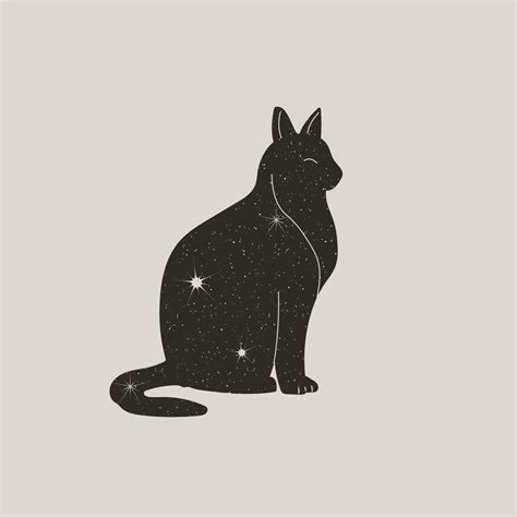 Mystical Black Cat In Trendy Boho Style Vector Magic Cat Silhouette