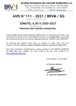 Avis N111 2021 BRVM DG Paiement des intérêts semestriels SONATEL 6