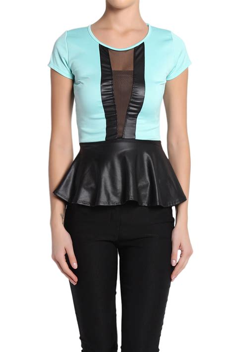 Themogan Mesh Inset Front Faux Leather Peplum Blouse Short Sleeve Dressy Top Ebay