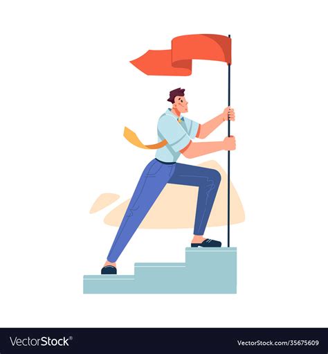 Businessman Raising Flag On Top Stairs Mission Vector Image