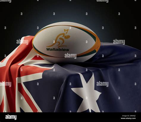 A 3D render of a generic rugby ball imprinted with the Wallabies rugby ...