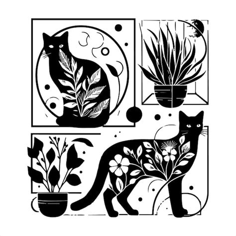 Una Imagen En Blanco Y Negro De Un Gato Y Plantas Vector Premium