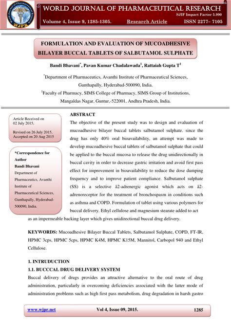 (PDF) FORMULATION AND EVALUATION OF MUCOADHESIVE BILAYER BUCCAL TABLETS ...