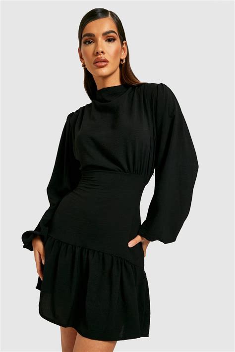 High Neck Volume Sleeve Dress Boohoo