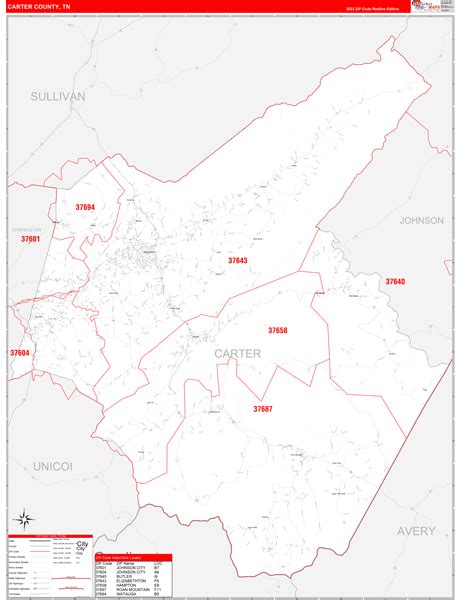 Carter County, TN Zip Code Wall Map Red Line Style by MarketMAPS